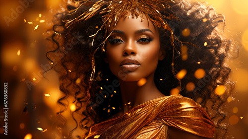  African American woman girl in golden dress on golden sparkling background for advertising product design