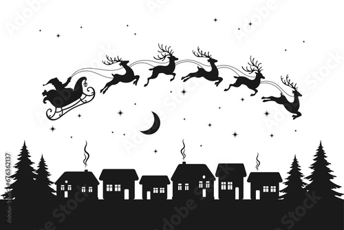 Santa on a sleigh with reindeers in the sky with the moon, winter landscape, silhouette on a white background. Christmas illustration, vector