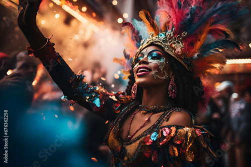 Beautiful closeup portrait of young woman in traditional Samba Dance outfit and makeup for the brazilian carnival. Rio De Janeiro festival in Brazil.