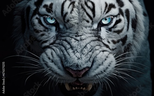 Fierce looking white tiger with fangs looks scary on a black background.