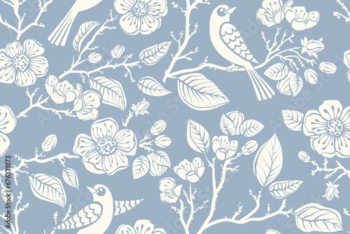 Two colors seamless pattern with flowers and birds. Decorative design for textile, fabric, cover, wrapping paper, web. Zoo, wildlife stylized