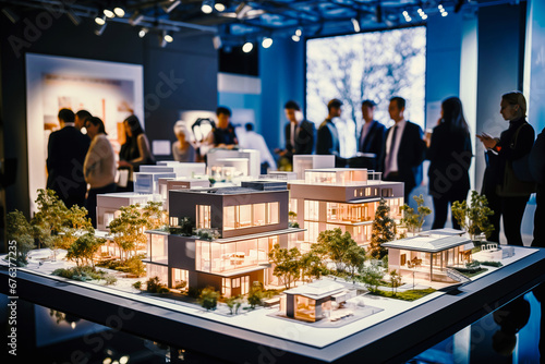 A team of real estate developers, architects, and businessmen collaborates on a detailed scale model for upcoming business buildings in their dynamic office setting