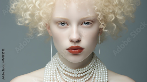 Elegance and Grace: A Blonde albino Woman Adorned with Pearls and a Necklace