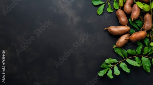 Delicious ripe tamarinds on black background. Healthy food. Free space for your text