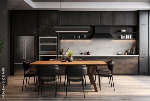 3D rendering of a contemporary dark gray kitchen with white wood backsplash. Table with chairs