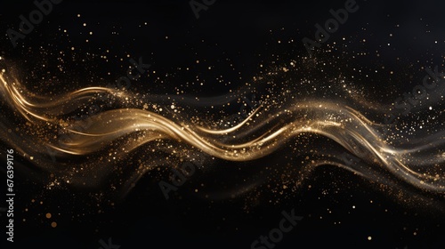 Wavy gold and glitter sparks on a black background, ai generative
