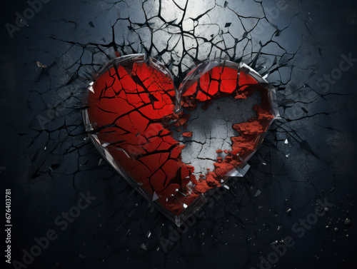 A vivid red, broken heart lies amidst the dark shards of its former self, the stark contrast illustrating the depth of a silent heartbreak