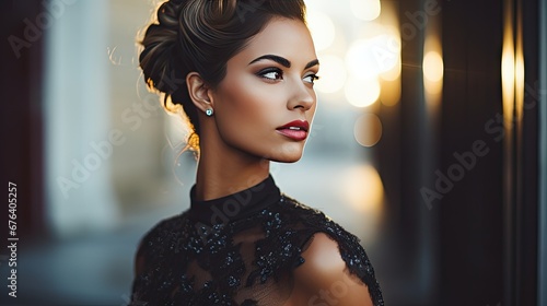  a woman in a black dress with a high bun and a red lip. generative ai