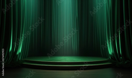 Green Emerald Display: Symmetrical Curtains and Central Podium for Premium Product Showcases