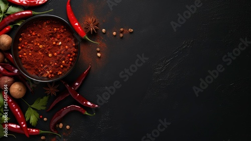 Red hot chili pepper. Chili on dark background. Traditional sambal , food from Indonesia. Copy space