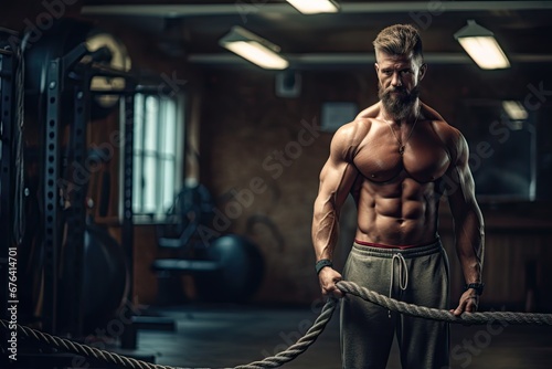 Active man with battle battle ropes exercise in the fitness gym background. CrossFit sport training athlete workout exercises concept.