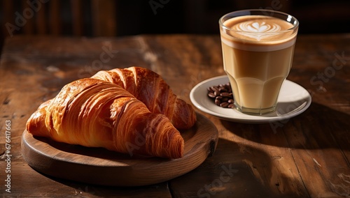 A cup of coffee and croissants on a wooden table