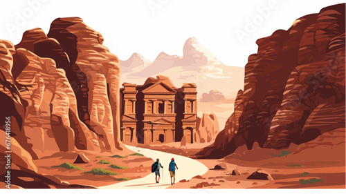Tourist with Petra on white background, world travel concept