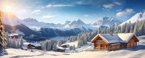 Cozy mountain hut in snowy nature. Winter country. Generative AI.