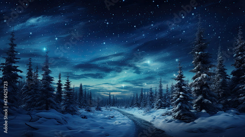 A winter landscape with lots of snow at night with northern lights in the sky