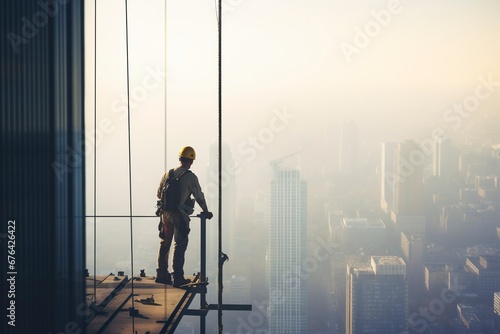 A Chinese construction worker looks out from the top of a skyscraper, with the modern Asian city in the background.