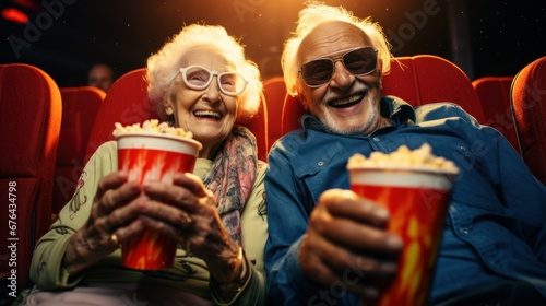 senior people's day concept. couple in love watching a movie and laughing in the cinema and eating popcorn