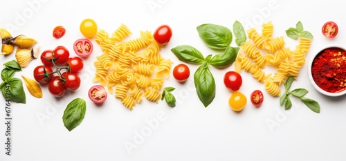 top view italian pasta ingredients on white table