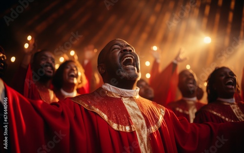 A group of Christian gospel singers celebrating the Lord Jesus Christ. The song spreads blessing, harmony in joy and faith. A group of African American men and women in a church.