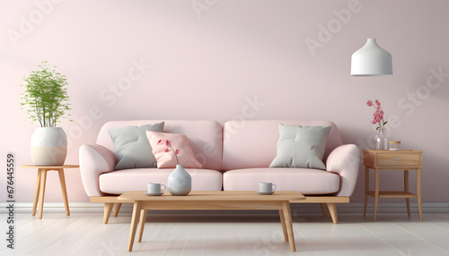Scandinavian style interior with sofa and coffe table. Empty minimalist interior with pink pastel colors 