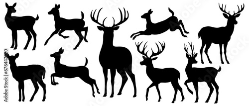 Collection of deer silhouettes on white background, vector illustration