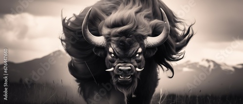 Bison beast roaming the prairie fields, shrouded in dusty fog, dangerous animal creature, mythical, huge and menacing horns, angry ready to charge and attack - black and white color.