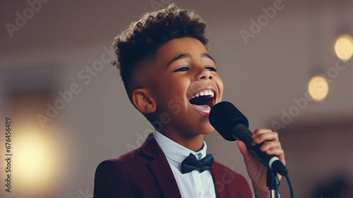 Happy young boy singing into microphone