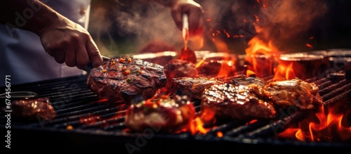 In the midst of a vibrant summer party a man with a background in cooking stood by the smoking metal barbecue expertly tending to the sizzling steak as flames danced in the air and the enti