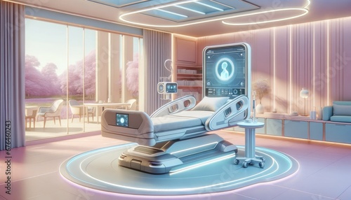 Amidst sleek walls and a futuristic ceiling, a hospital bed stands as the centerpiece of this indoor room, adorned with advanced medical equipment and surrounded by luxurious hotel and spa furnishing