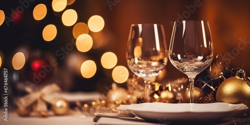 Beautiful table setting for Christmas dinner at home on blurred lights background, festive banner features champagne glasses, blurred holiday lights, setting the scene for a celebratory atmosphere