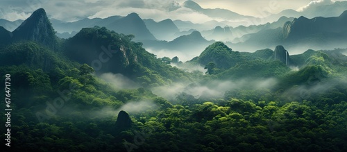 In the morning as the fog cleared a magnificent green landscape emerged revealing towering mountains lush forests and a breathtaking jungle creating the perfect background for an immersive 