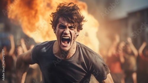 Young angry man screaming on smoky background, concept of protest, furious, entitle opinions.