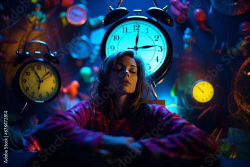 A young dreamy girl sits surrounded by watches. Concept of sleep deprivation, insomnia, sleep deficiency.
