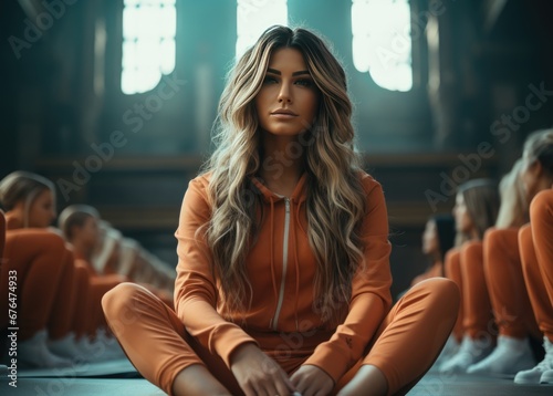women's prison. Girls in identical clothes - orange tracksuits are sitting on the floor. workout