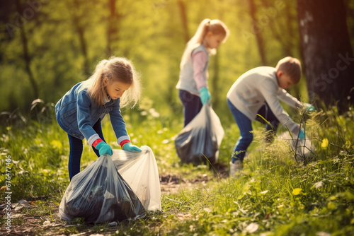 Close up photo of Children picking up trash at the park for Earth Day