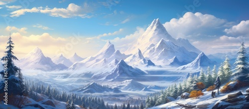 In the enchanting winter landscape the snow capped mountains rise against the backdrop of a clear blue sky while the white clouds drift peacefully over the dense forest of trees creating a c