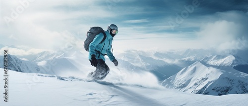 Man in a snowsuit is snowboarding on a mountain