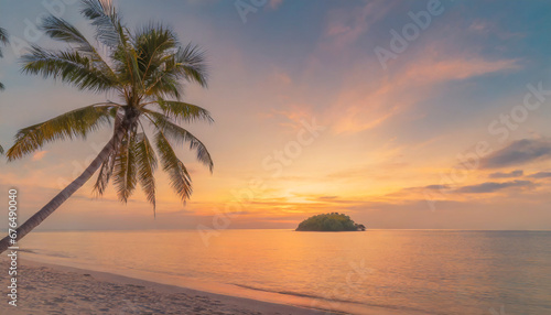 island palm tree sea sand beach panoramic beach landscape inspire tropical beach seascape horizon orange and golden sunset sky calmness tranquil relaxing summer mood vacation travel holiday banner