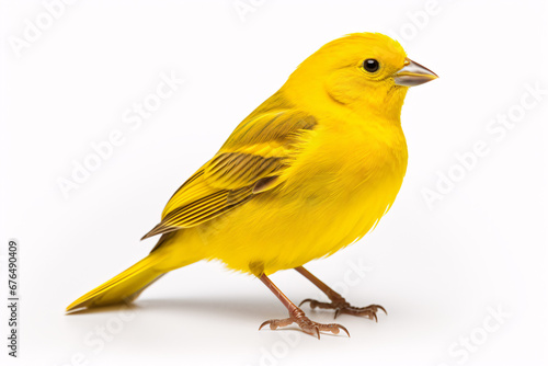 A yellow canary is captured in an isolated studio shot against a white background.