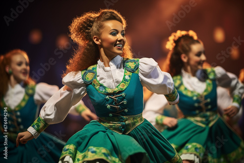 Irish dancers performing in vibrant costumes, showcasing traditional dance and culture, creativity with copy space