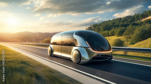 A futuristic electric autonomous bus driving on an open highway. ai generative