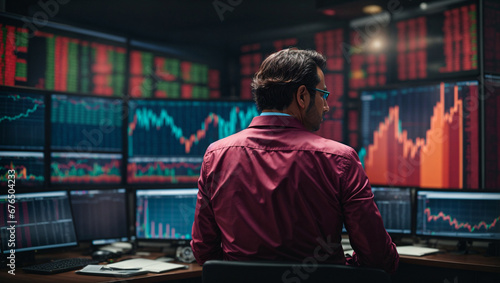 A financial trade manager evaluates stock market indicators closely examining financial data and charts for informed decision-making.