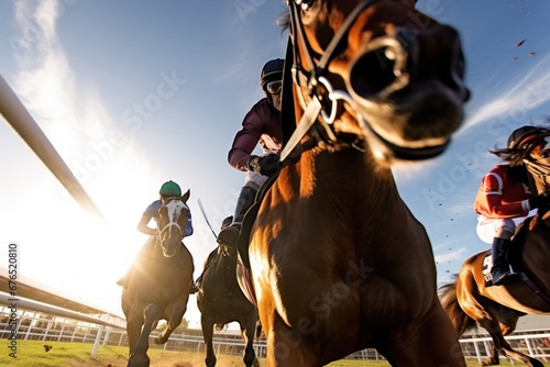 Horse riders compete on horse races for winner place of fastest rider at racetrack with spectators and fans betting. Equestrians pushing horses trying best to win race. Horse racing between opponents