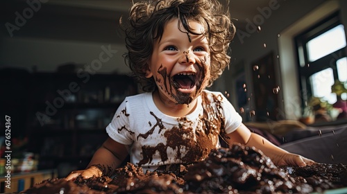 A naughty child playing and getting dirty with chocolate.