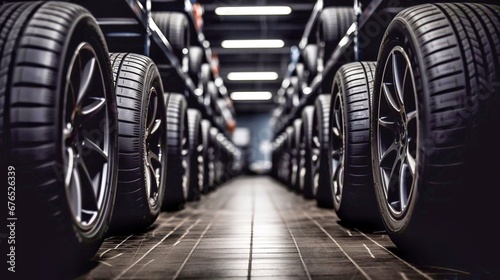 Rows of new car tires in auto repair shop, closeup