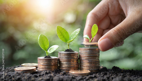 hand putting coins on stack and the seedlings are growing on top concept of green business finance and sustainability investment carbon credit money saving investment
