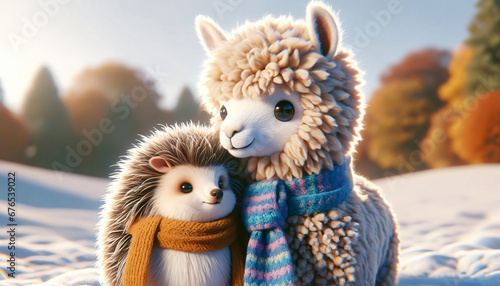 Fluffy alpaca and fuzzy hedgehog share a scarf on a chilly day, emphasizing the essence of friendship between adorable, unlikely furry pairs.