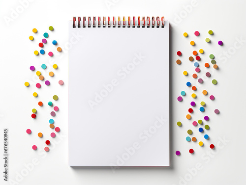 quaderno a spirale di cartone con materiale riciclato, mockup di agenda vista dall'alto su sfondo bianco con coriandoli
