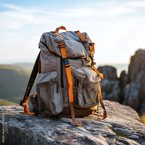 backpack on a mountain peak hiking in the mountains