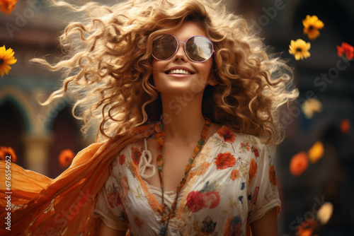 A free-spirited vintage woman in a bohemian maxi dress, embodying the flower power era of the 1960s. Generative Ai.